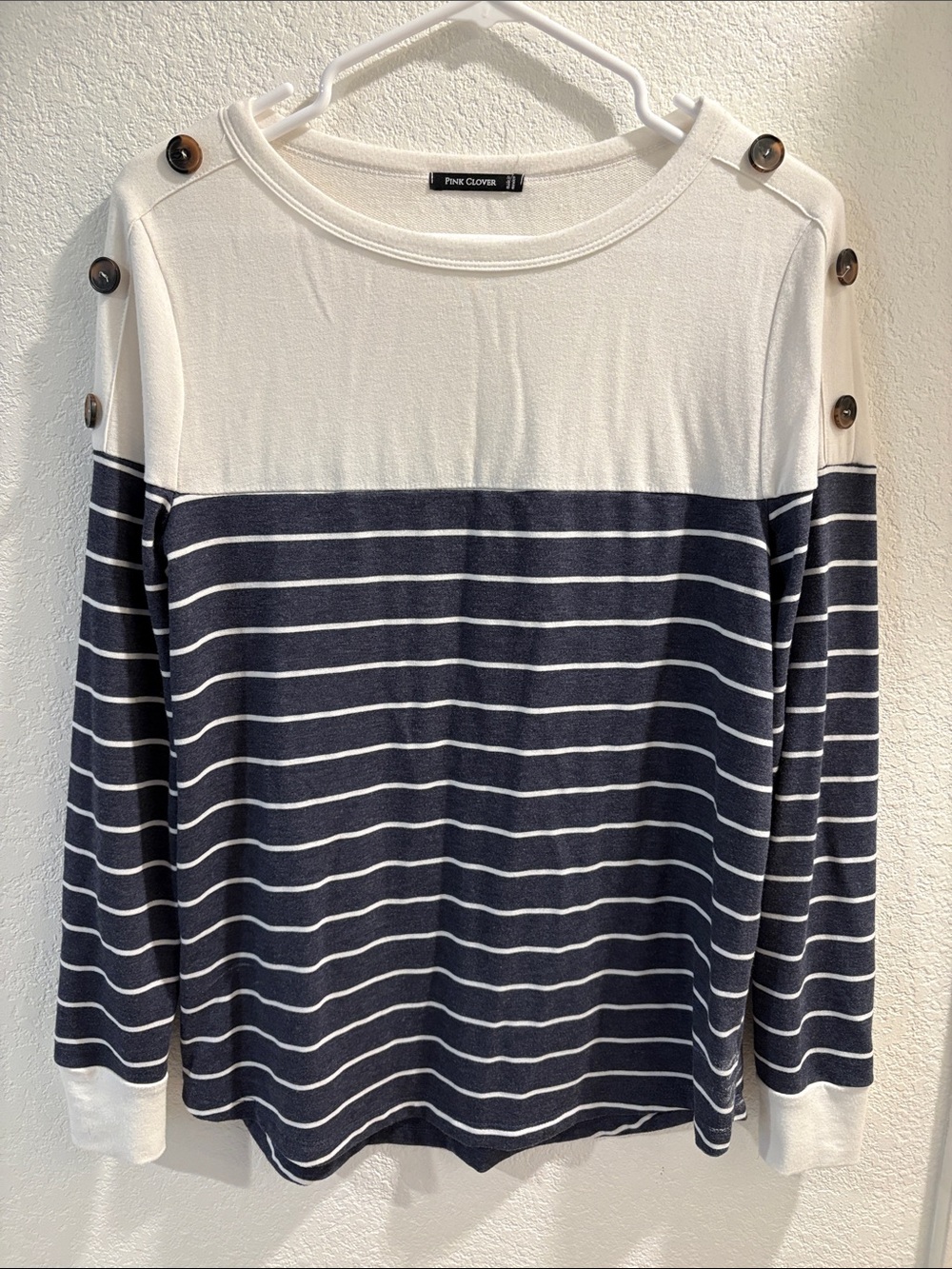 Pink Clover Navy & White Striped Long-Sleeve Button-Shoulder Top NWOT